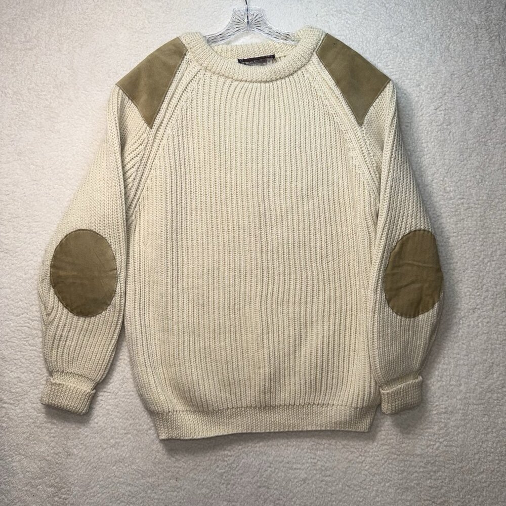 Orvis British Wool Sweater Fisherman Chunky Crew Neck Elbow Patch Cream Ivory XL